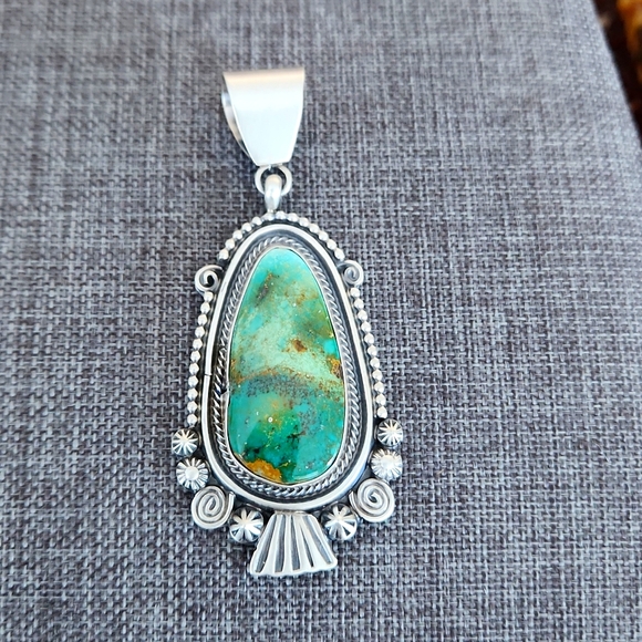 NWOT Native American Navajo Royston Turquoise & Sterling Large Pendant 💙💚🎁 - Picture 2 of 11